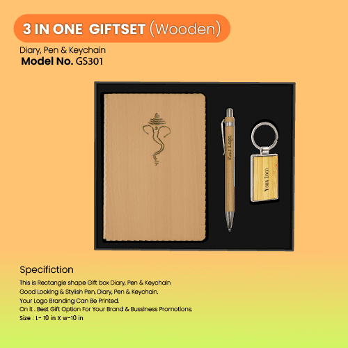 3 in One Wooden Gift Set Notebook Diary Pen and Keychain