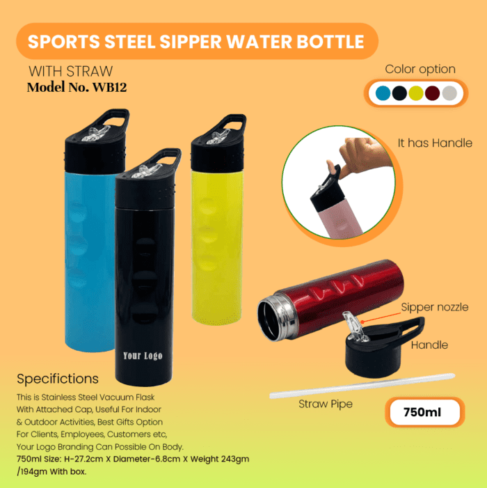 Sport Steel Sipper Water Bottle With Straw