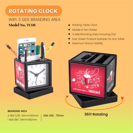 Rotating Table Clock With 3 Side Branding Area