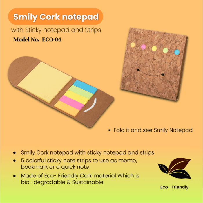 Smiley Cork Notepad With Sticky Notepad and Strips