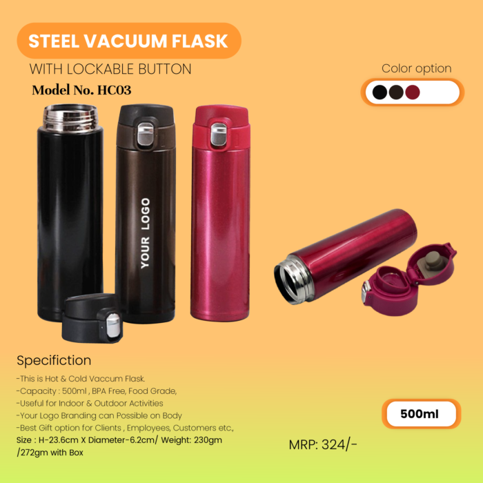Steel Vacuum Flask With Lockable Button
