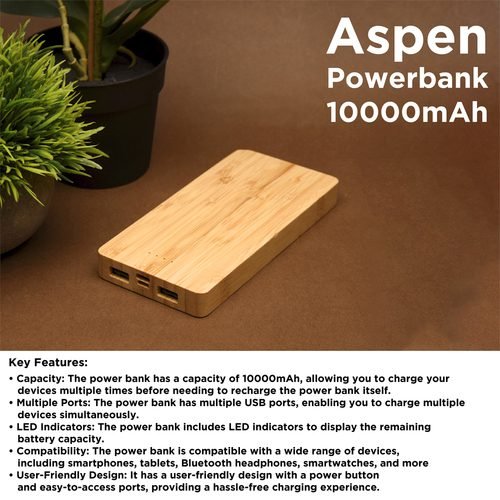 Ecofriendly Wangari Aspen 10000 Mah Bamboo Power bank PB1007