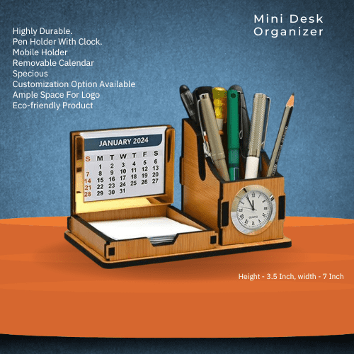 Brown Wooden Desk Calendar Clock With Pen Stand 3.5 Inch