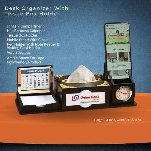 Desk Organizer With Clock and Calendar 2024 With Tissue Box Holder | Free Tissue Paper Refill Pack