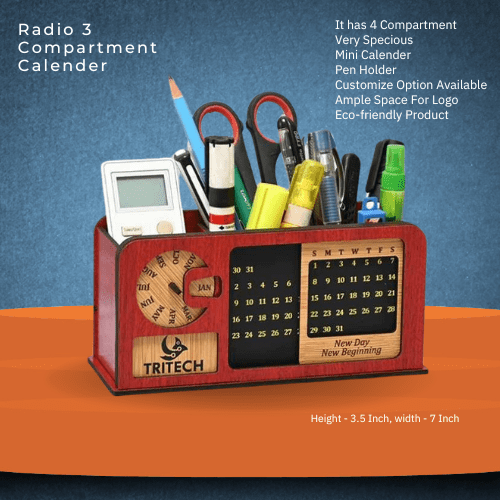 Brown Pen Stand Radio Look Calendar Desk Organizer 3.5 Inch