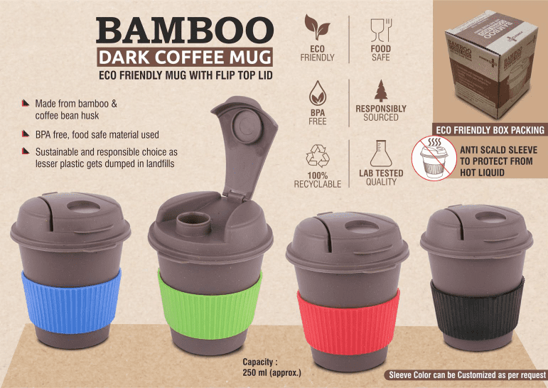 Bamboo Dark Coffee Mug: Eco Friendly Mug With Flip Top Lid And Anti-Scald Sleeve | Capacity 250 Ml