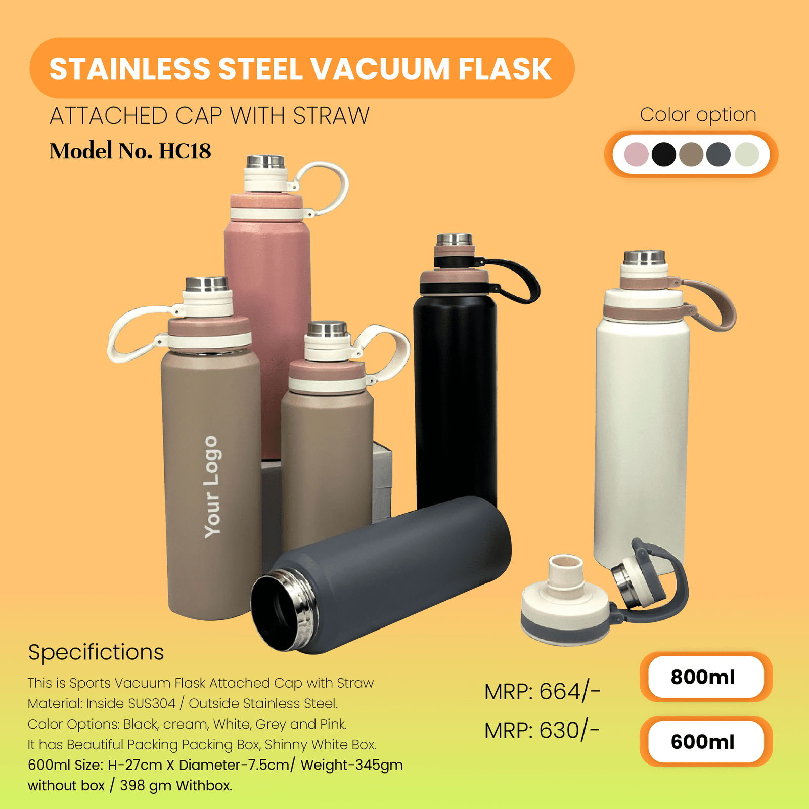 Steel Vacuum Flask Attached Cap with Straw