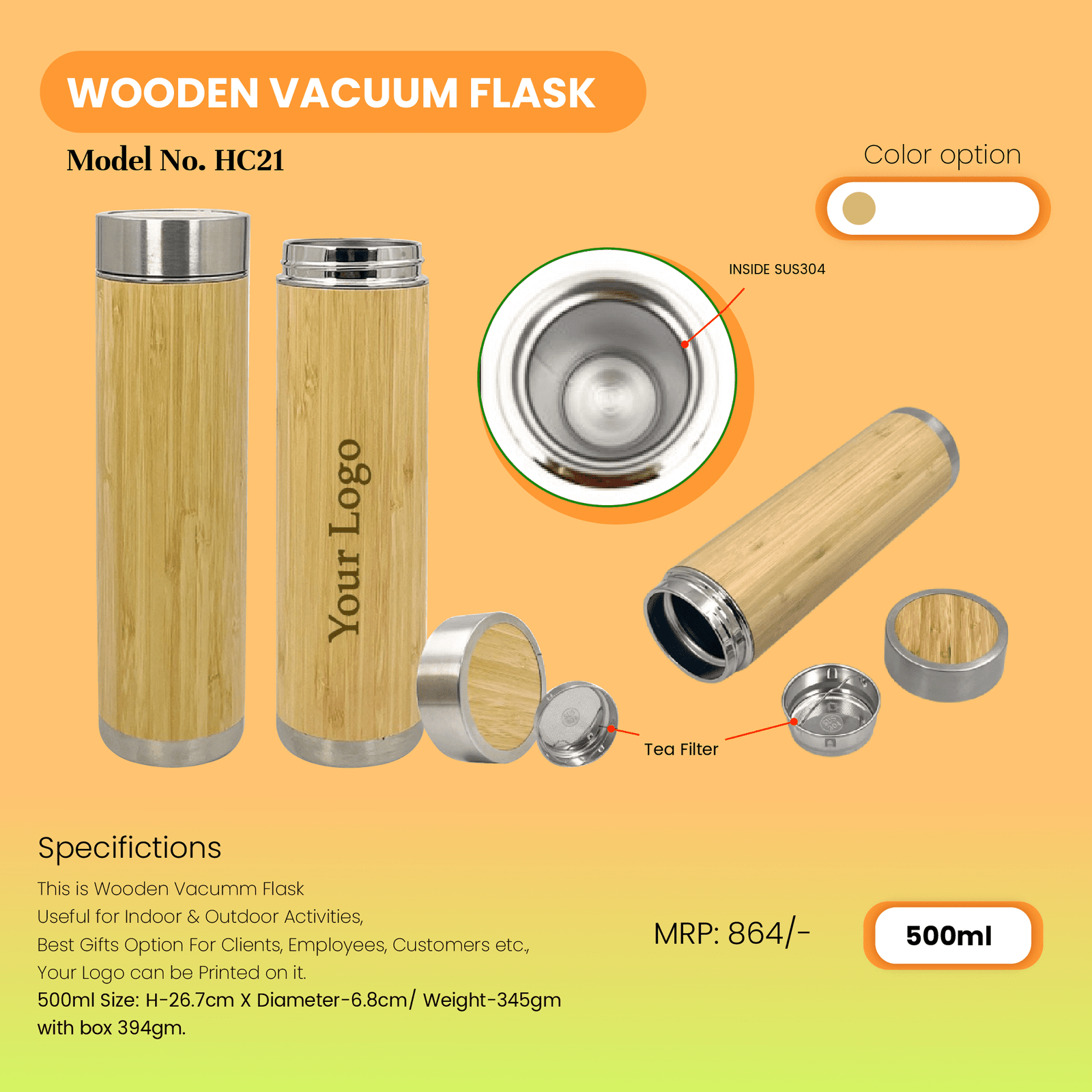 Customized Wooden Stainless Steel Flask Water Bottle