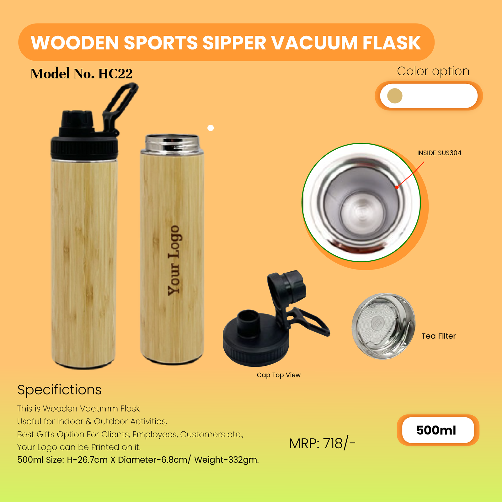 Wooden Sports Sipper Vacuum Flask 500 ML