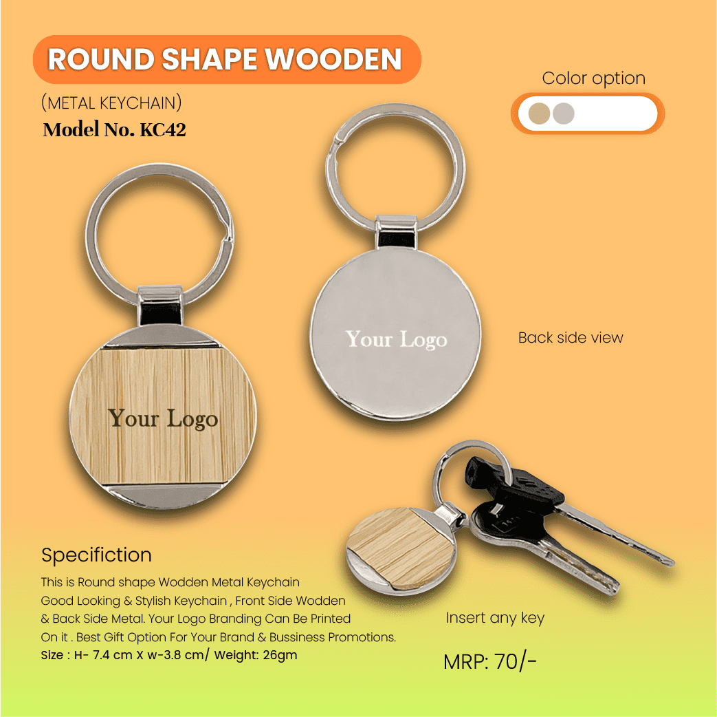 Round Shape Wooden Metal Keychain