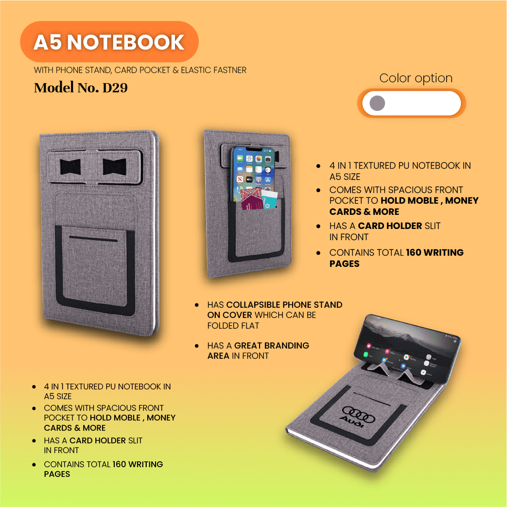 A5 Leather Diary With Phone Stand, Card & Mobile Pocket Diary