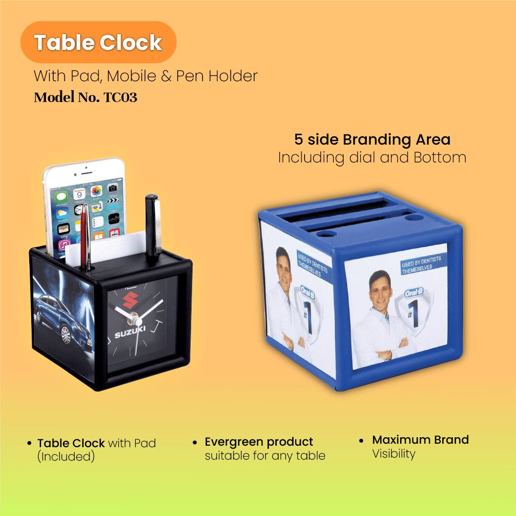 Table Clock With Pad, Mobile & Pen Holder