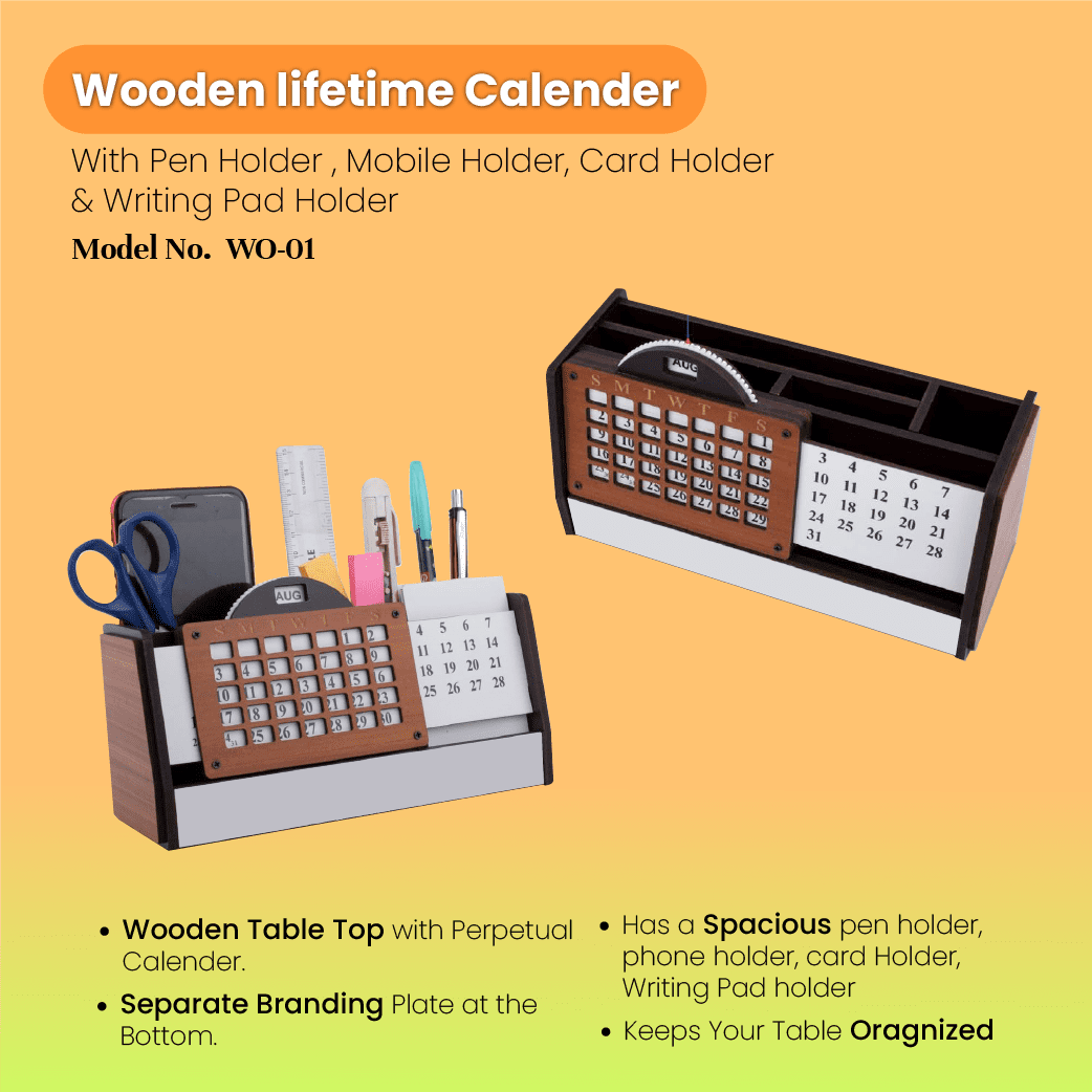 Wooden Lifetime Calendar With Pen, Mobile, Card & Writing Pad holder