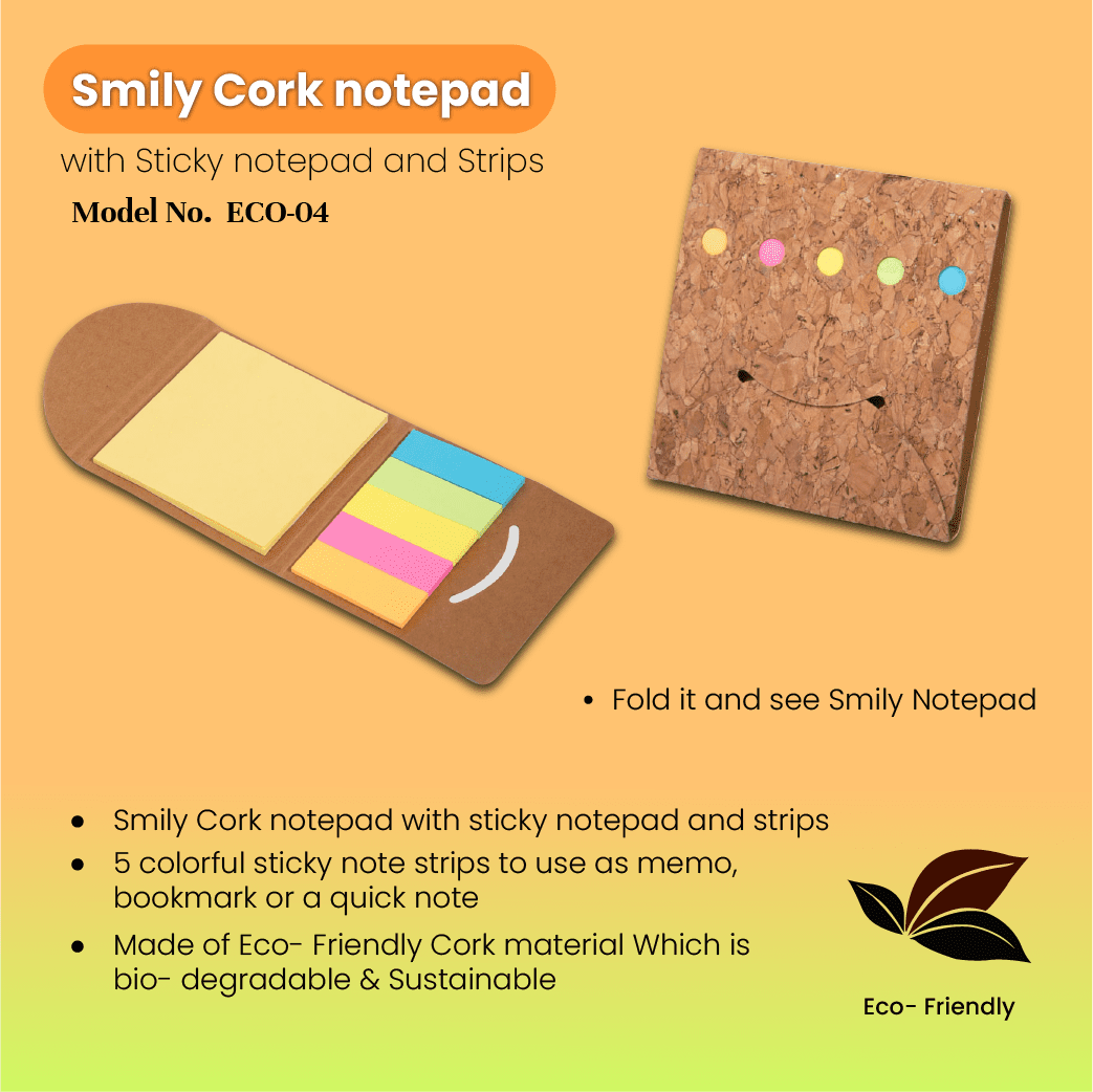 Smiley Cork Notepad With Sticky Notepad and Strips