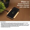 Wangari Pine 15W Square Bamboo Wireless Charger with USB Hub WBC1008