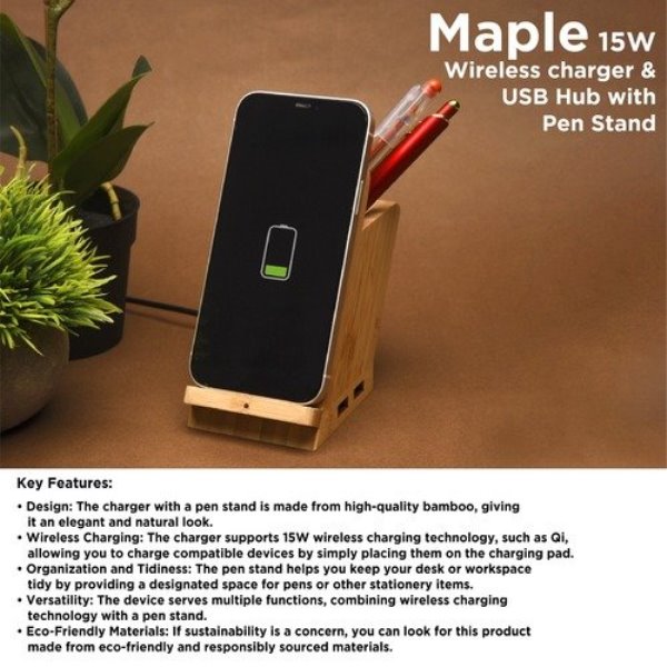 Wangari Maple 15W Wireless Charger & USB Hub with Pen Stand WC1005