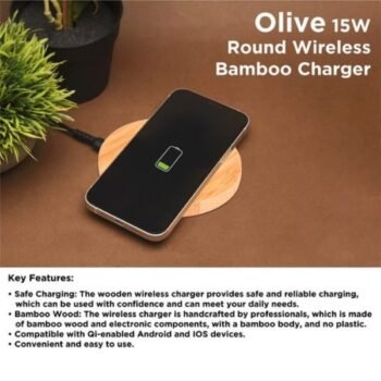 Wangari Olive 15W Round Wireless Bamboo Charger WBC1006 – Eco-Friendly Fast Charging Pad