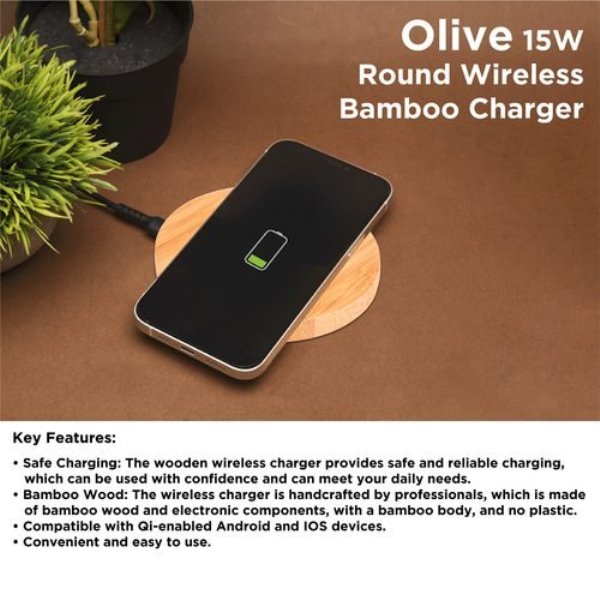 Wangari Olive 15W Round Wireless Bamboo Charger WBC1006