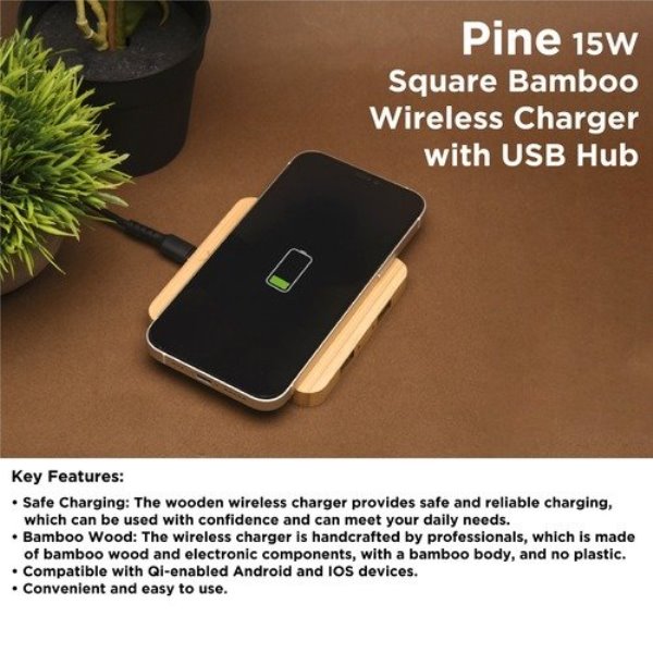 Wangari Pine 15W Square Bamboo Wireless Charger