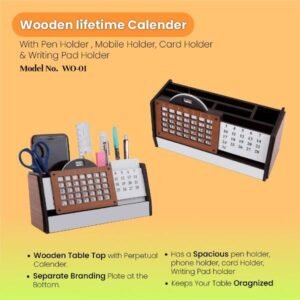 Wooden Lifetime Calendar with Pen, Mobile & Writing Pad Holder