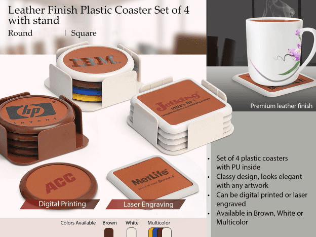 Leather Finish Plastic Coaster Set Of 4 With Stand (Round)