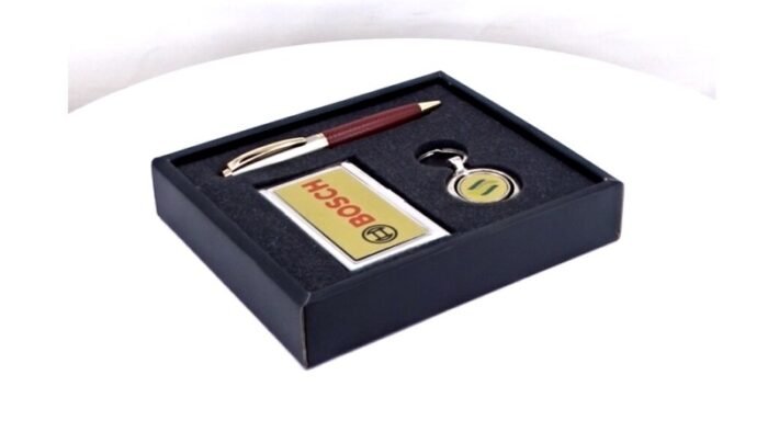 3-In-1 Corporate Gift Set – Rotating Keychain Business Card Holder & Pen