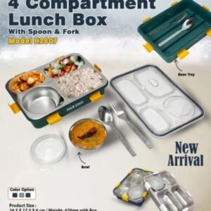4 Compartment Lunch Box with Spoon Fork – Convenient & Organized Meal Storage