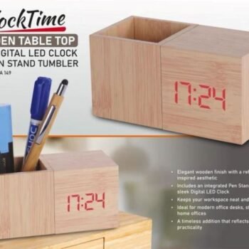 Block Time Wooden Table Top with Digital LED Clock Pen Stand – Stylish Desk Organizer