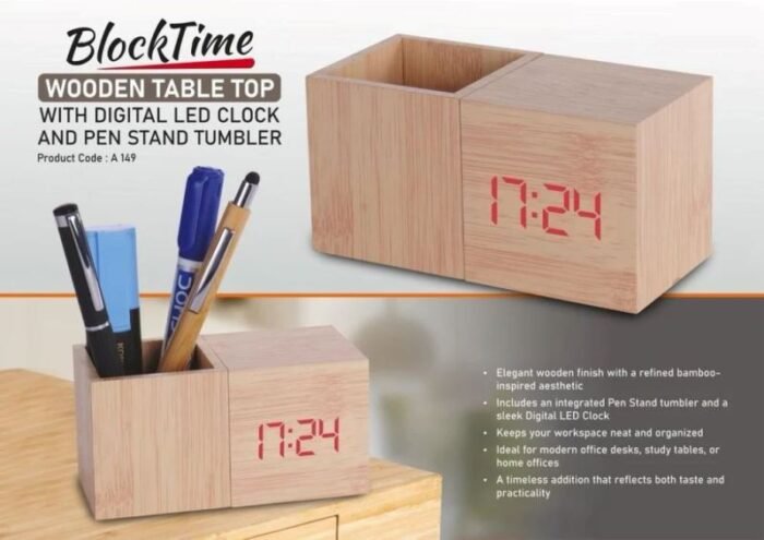 Block Time Wooden Table Top with Digital LED Clock Pen Stand