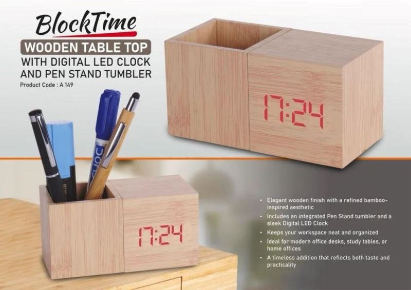 Block Time Wooden Table Top with Digital LED Clock Pen Stand