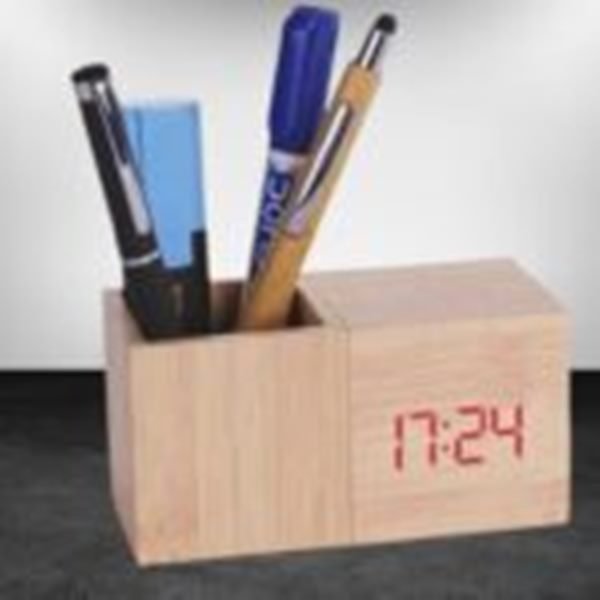 Block Time Wooden Table Top with Digital LED Clock Pen Stand