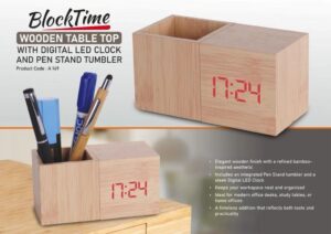 BlockTime Wooden Table Top with Digital LED Clock & Pen Stand
