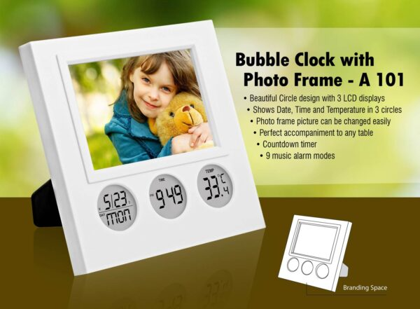 Bubble Clock with Photo Frame – Circle LCD Display with Date Time Temperature