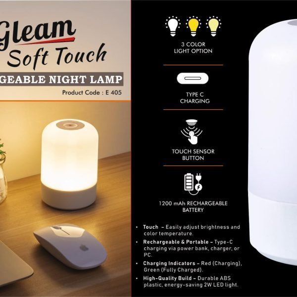 Gleam TimeSphere Soft-Touch Rechargeable Night Lamp with Clock – 3-Color LED Adjustable Brightness Type-C Charging