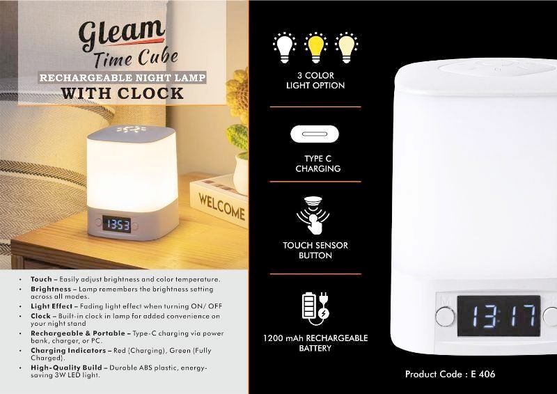Gleam Time Sphere Soft Touch Rechargeable Night Lamp with Clock - Image 2