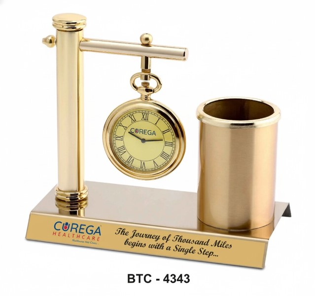 Gold-Plated Hanging Watch with Pen Stand – Elegant Corporate & Office Desk Accessory