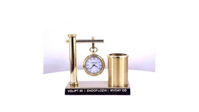 Gold-Plated Hanging Watch with Pen Stand – Elegant Corporate & Office Desk Accessory