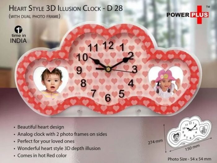 Heart Style 3D Illusion Clock with Dual Photo Frame