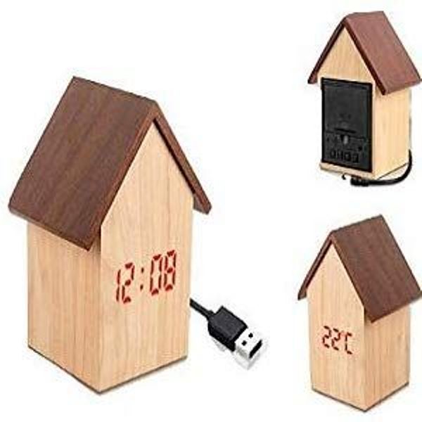 Hut-Shaped Wooden LED Clock with Temperature & Sound Sensor – Dual Power