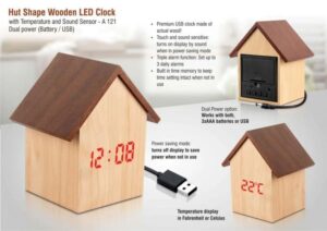 Hut-Shaped Wooden LED Clock with Temperature & Sound Sensor – Dual Power
