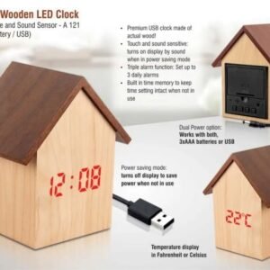 Hut Shaped Wooden LED Clock with Temperature & Sound Sensor – Dual Power