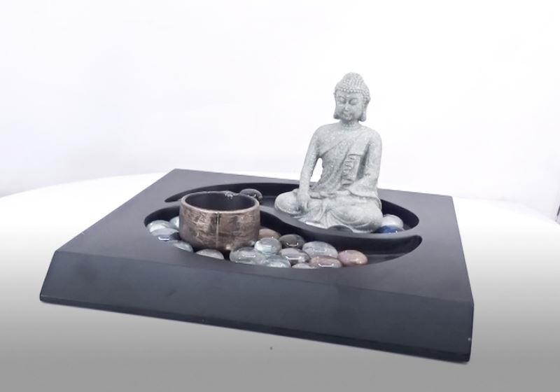 Marble Look Resin Buddha with Yin Yang Wooden Design Spiritual & Functional Decor