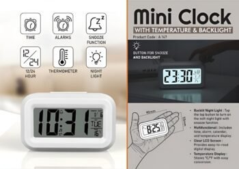 Mini Clock with Temperature & Backlight – Compact Digital Clock for Bedside or Office Desk