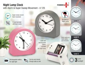 Night Lamp Clock with Alarm Super Sweep Movement & Rechargeable Lamp