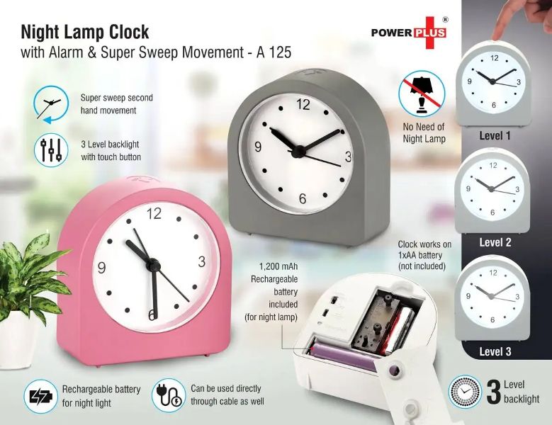 Night Lamp Clock with Alarm Super Sweep Movement & Rechargeable Lamp