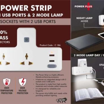 Power Strip with USB Ports Night Lamp | 2 Sockets with 2 USB Ports | 2-Mode Lamp