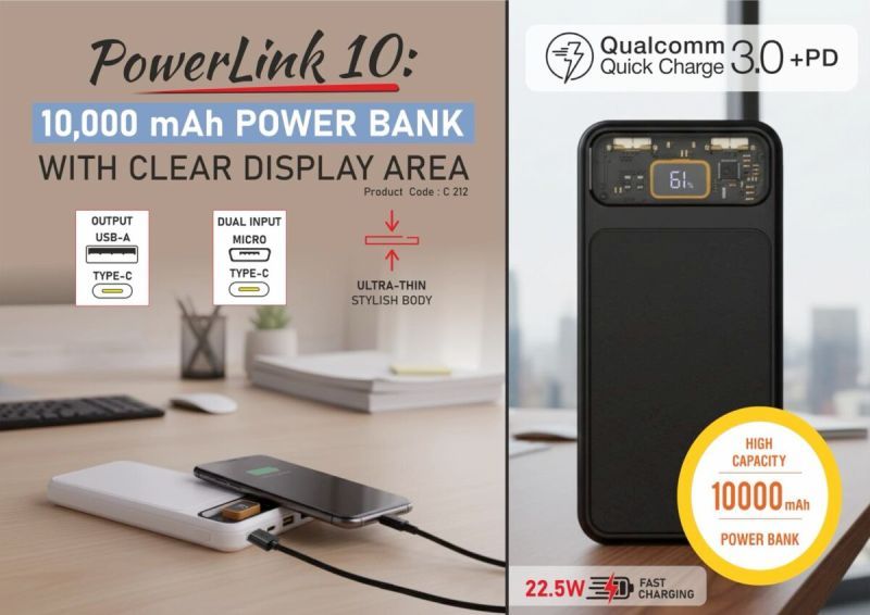 PowerLink 10 10,000 mAh Power Bank with Clear Display & Fast Charging