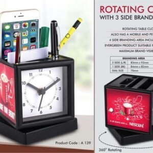 Rotating Desk Clock with Pen Stand Stationery Holder – 3-Side Branding