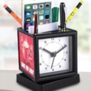 Rotating Desk Clock with Pen Stand Stationery Holder – 3-Side Branding