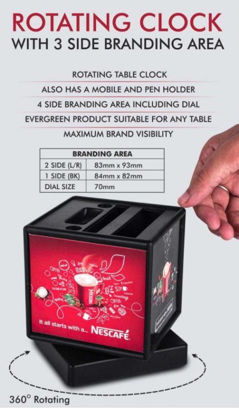 Rotating Desk Clock with Pen Stand & Stationery Holder – 3-Side Branding